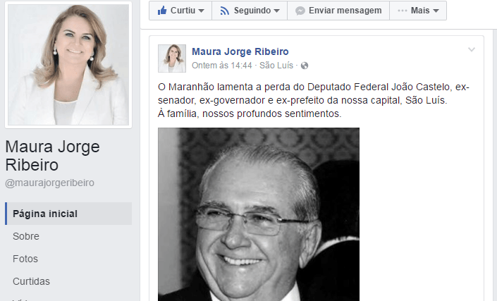 Prefeita Maura Jorge recebe com tristeza a notícia do falecimento de João Castelo