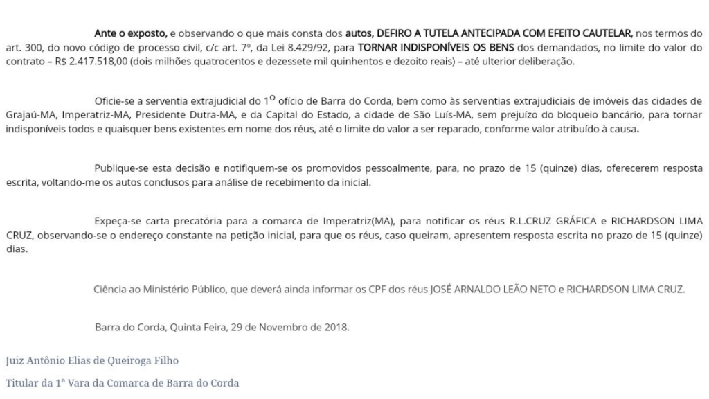 Screenshot 20181211 144325 1024x576 - URGENTE: Juiz Queiroga Filho decreta bloqueio dos bens do prefeito Eric Costa de Barra do Corda
