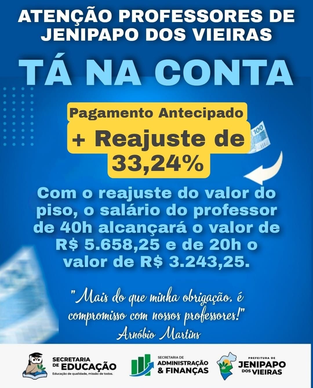 Prefeito Arnóbio de Jenipapo dos Vieiras foi um dos primeiros no Maranhão em conceder reajuste de 33,24% aos professores